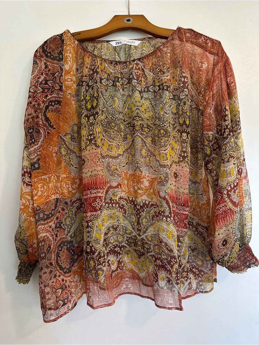 Zara Sheer Paisley-Print Blouse in Rust & Yellow